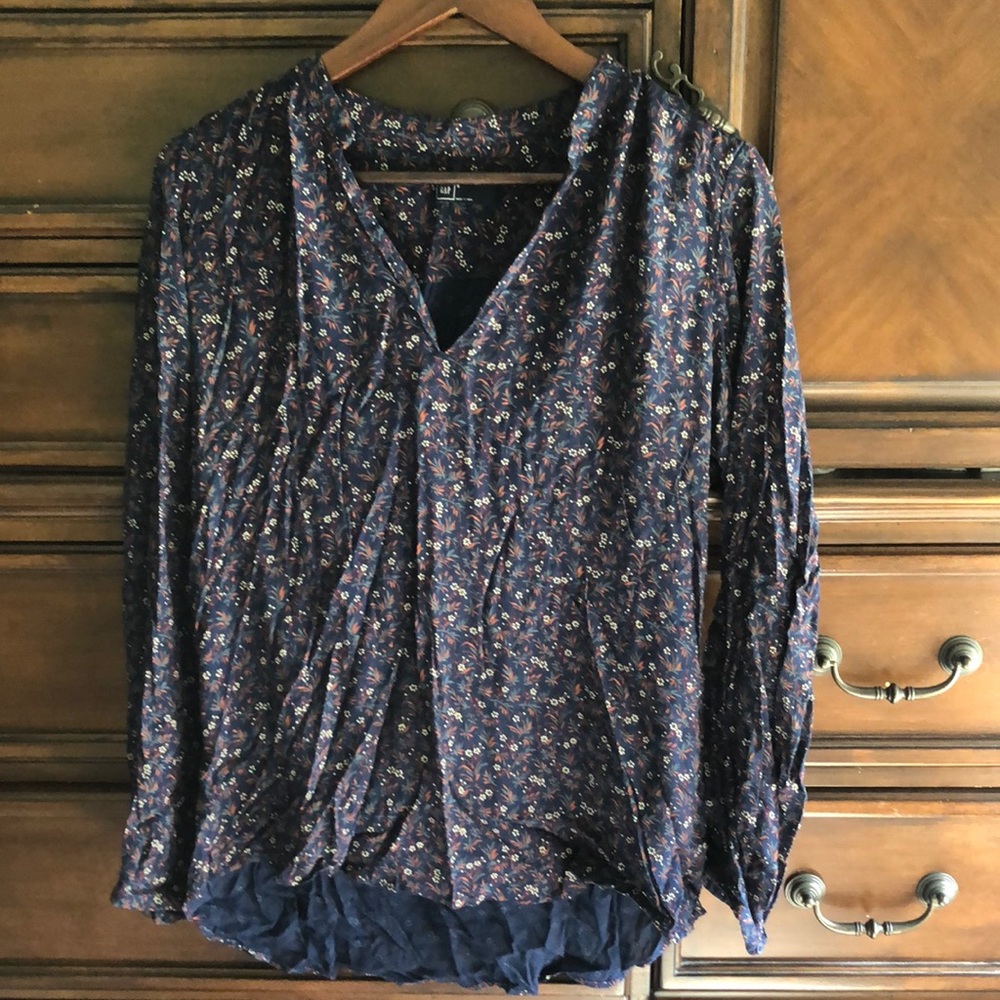 Gap Boho Floral Tunic Peasant Top Navy Floral Sz S